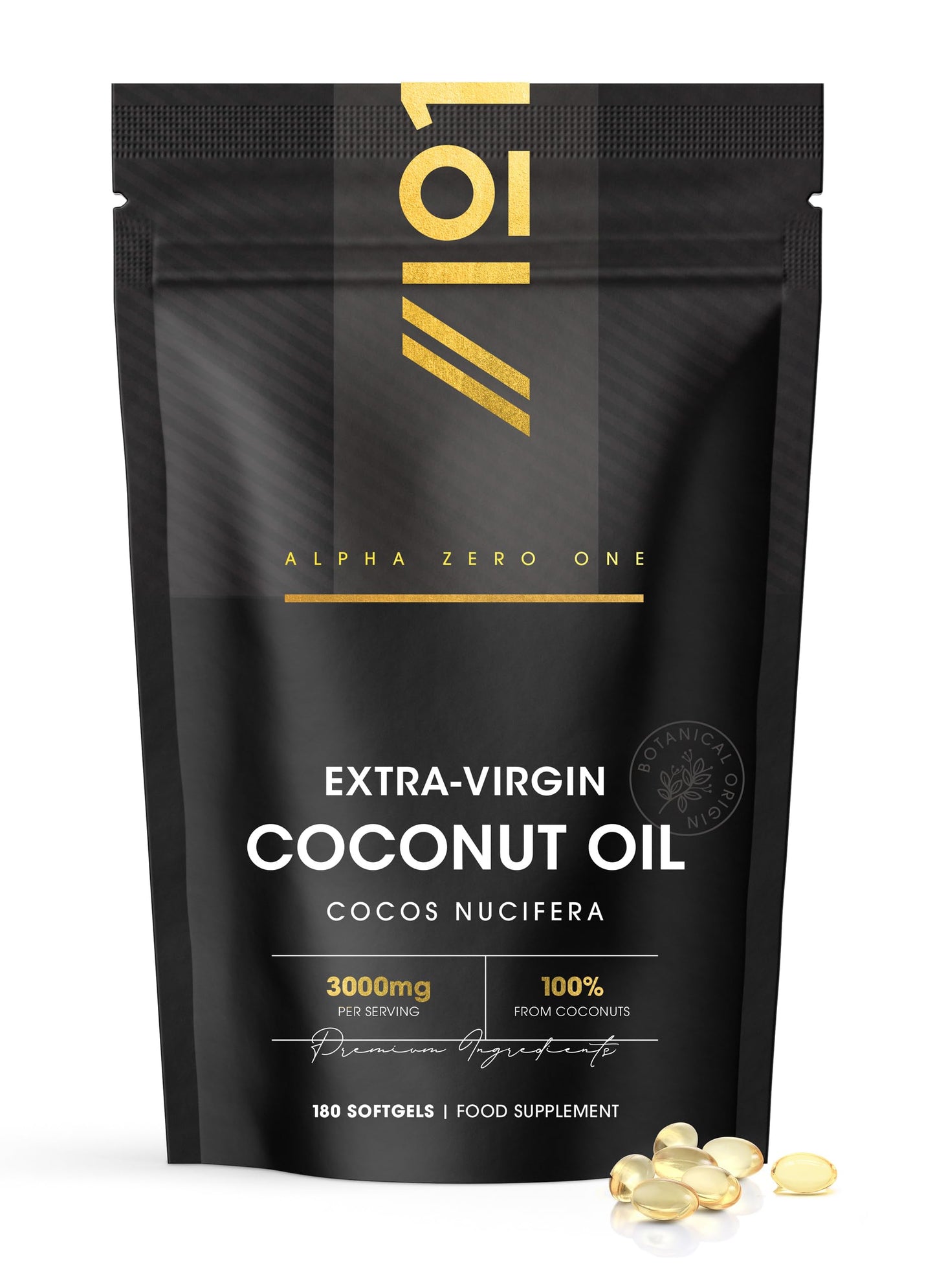 Coconut Oil Capsules 3000mg – 180 Softgels – Cold Pressed Extra Virgin Coconut Oil – Resealable and Recyclable Pouch by Alpha01