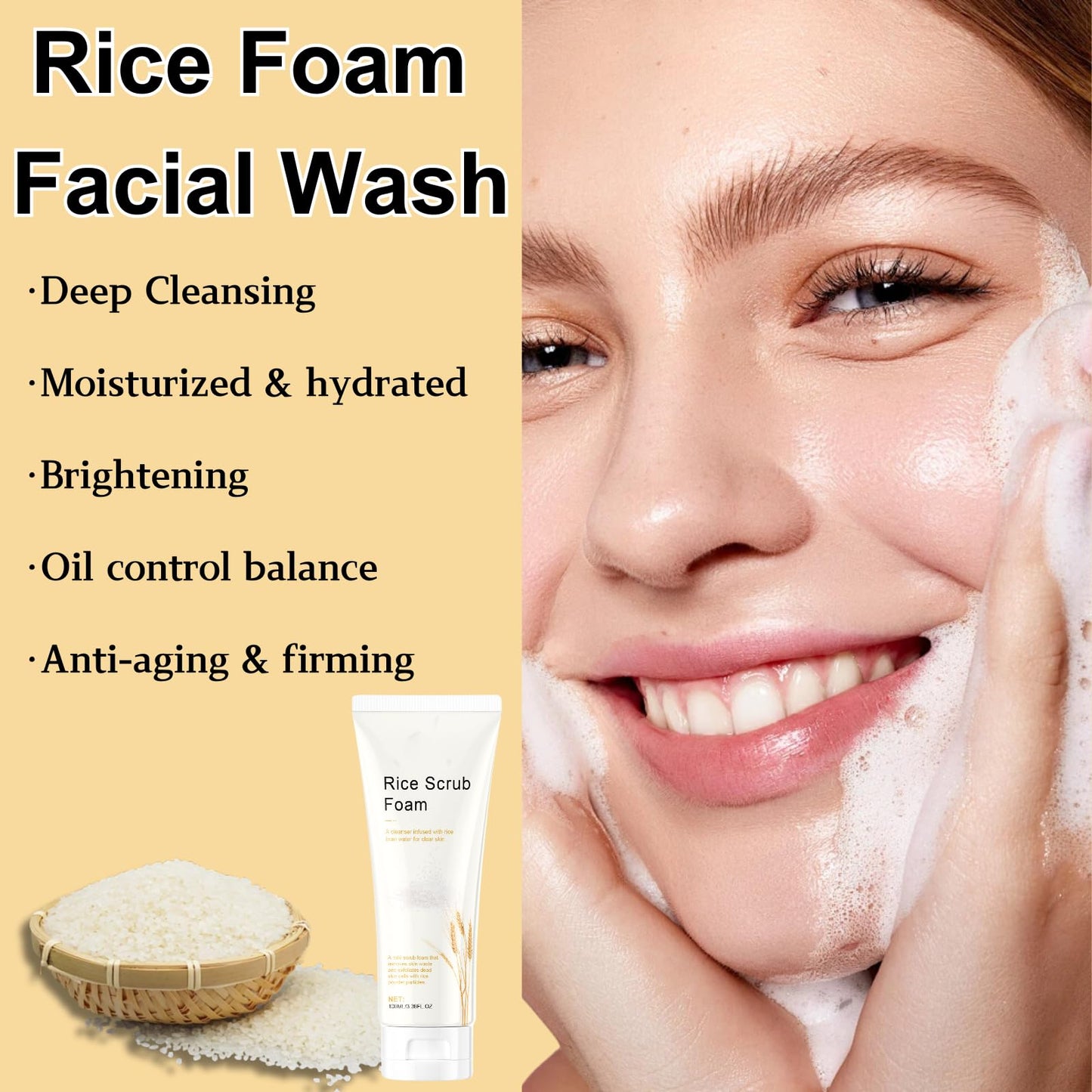 IZBEAUVO Rice Foam Facial Wash, Gentle Rice Milk Exfoliating Cleanser, Exfoliating Rice Milk Face Wash, Rice Scrub Facial Cleanser for Deep Pore Cleansing, Removes Dirt & Impurities, Fights Acne & Redness