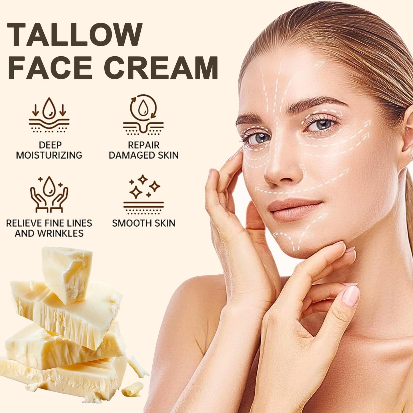 Whipped Tallow Cream - Beef Tallow Moisturiser & Tallow Balm for Dry & Sensitive Skin, 100% Grass Fed Beef Tallow for Skin Care, Enriched with Vanilla Extract, Natural Nourishing for Face & Body