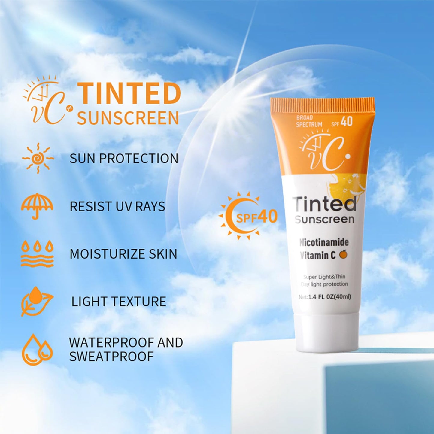 ISBEAUSOLS VC Tinted Sunscreen for Face - Factor 40 Sun Cream - Natural Skin Color & Non-Greasy SPF 40 Face Moisturiser - Suncream with Vitamin C & E - 40ML Lightweight Daily Protection for Women