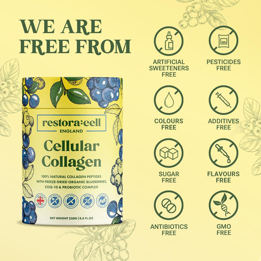 restora:cell Blueberry Cellular Collagen Powder Supplement 100% Natural Grass-fed Bovine Collagen Peptides with Vitamin C - 200 mg CoQ-10-20 Billion CFU Probiotic Blend - Paleo & Keto - 250g