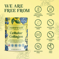 restora:cell Blueberry Cellular Collagen Powder Supplement 100% Natural Grass-fed Bovine Collagen Peptides with Vitamin C - 200 mg CoQ-10-20 Billion CFU Probiotic Blend - Paleo & Keto - 250g