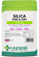 Lindens Silica 250mg Capsules - 100 Pack - Fortified with Biotin & Selenium contributes to Healthy Hair, Nails & Skin in a Convenient one-a-Day Capsule - UK Manufacturer, Letterbox Friendly