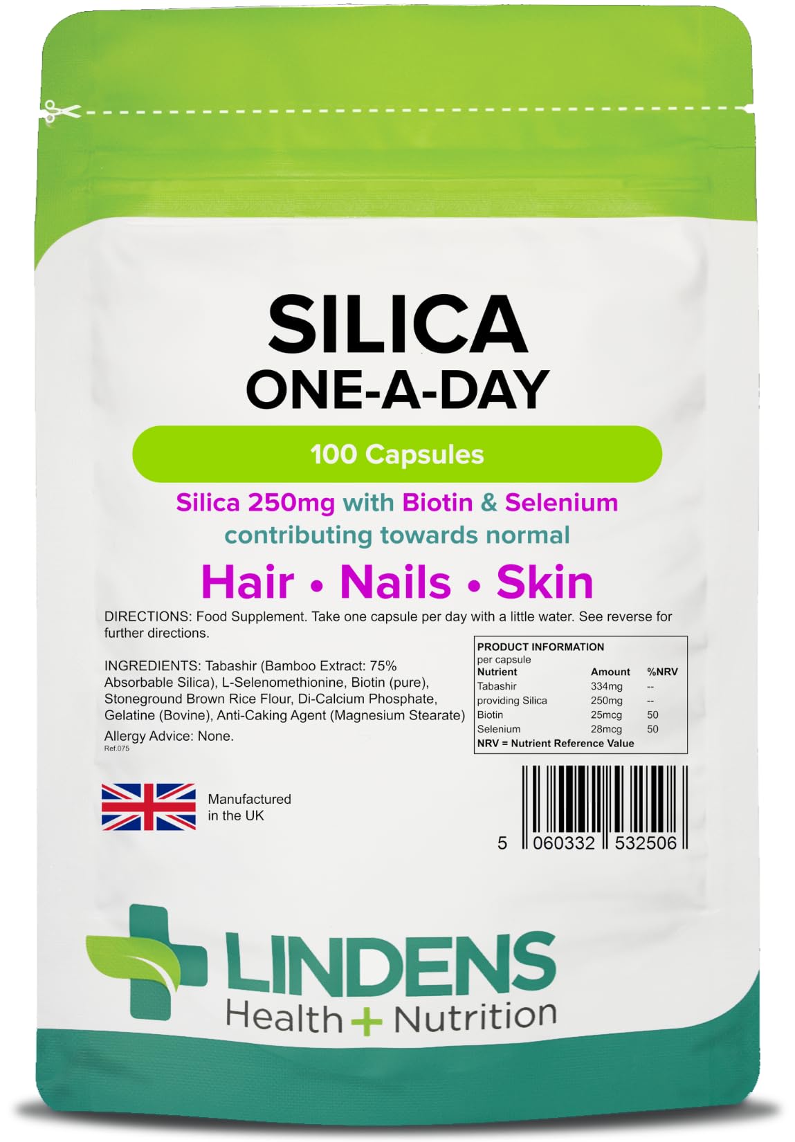 Lindens Silica 250mg Capsules - 100 Pack - Fortified with Biotin & Selenium contributes to Healthy Hair, Nails & Skin in a Convenient one-a-Day Capsule - UK Manufacturer, Letterbox Friendly