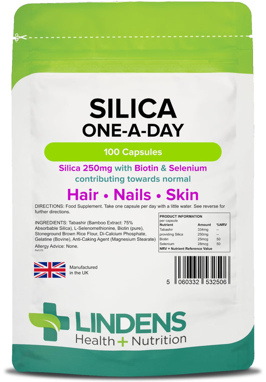Lindens Silica 250mg Capsules - 100 Pack - Fortified with Biotin & Selenium contributes to Healthy Hair, Nails & Skin in a Convenient one-a-Day Capsule - UK Manufacturer, Letterbox Friendly