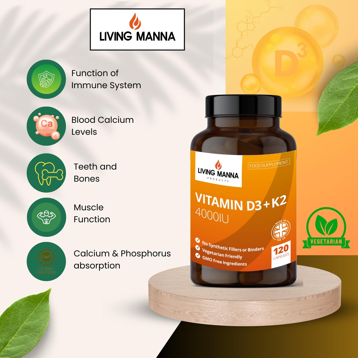 Vitamin D3 4000 IU & Vitamin K2 100ug (MK-7) | 120 Vegetarian Capsules | Living Manna Products