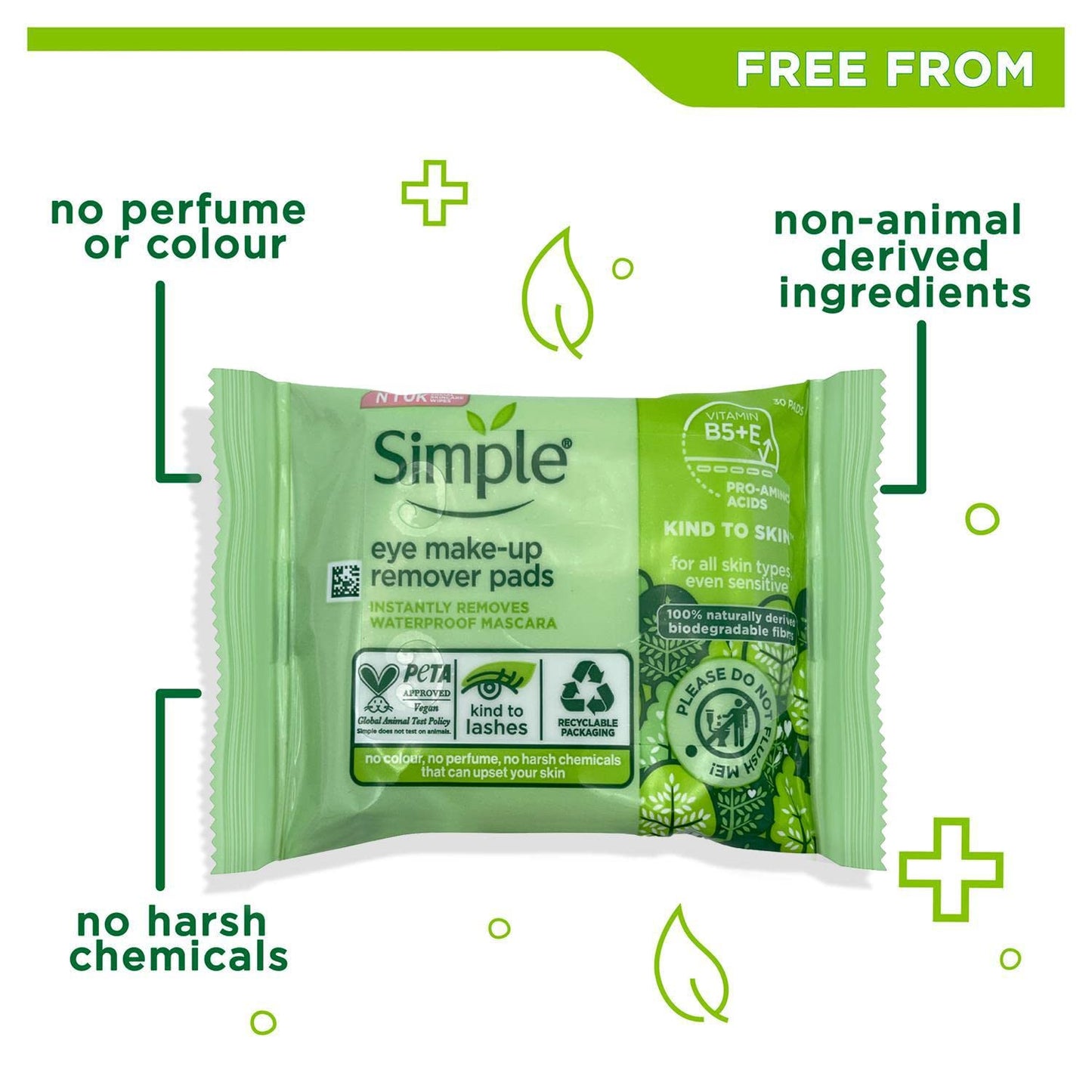2 PACKS =60 Pads of Simple Kind to Eyes Eye Make-Up Remover Pads