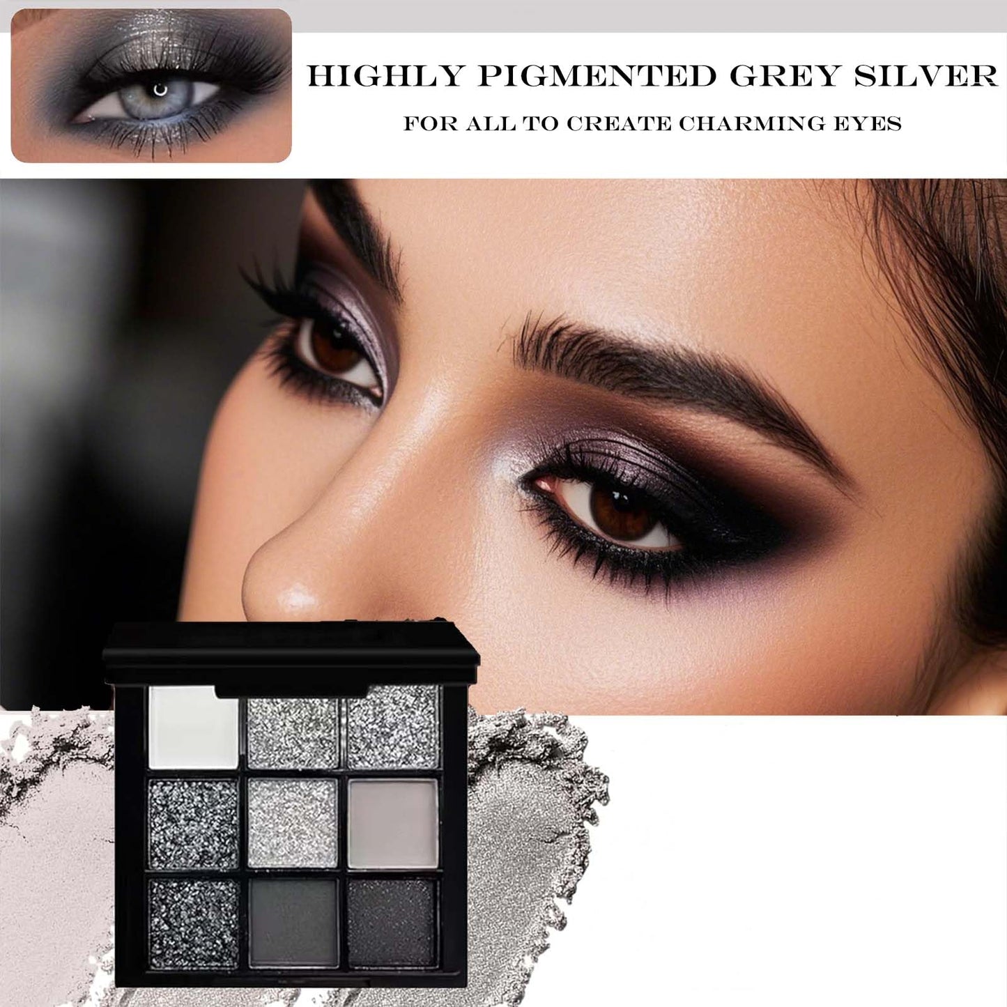 Yongst 9-Color Smokey Eyeshadow Palette - Intense Matte & Glitter Shades, Long-Lasting & Waterproof, Blendable Black, Silver & Gray Shadows for Sultry Glam Looks. Not Easily Caked