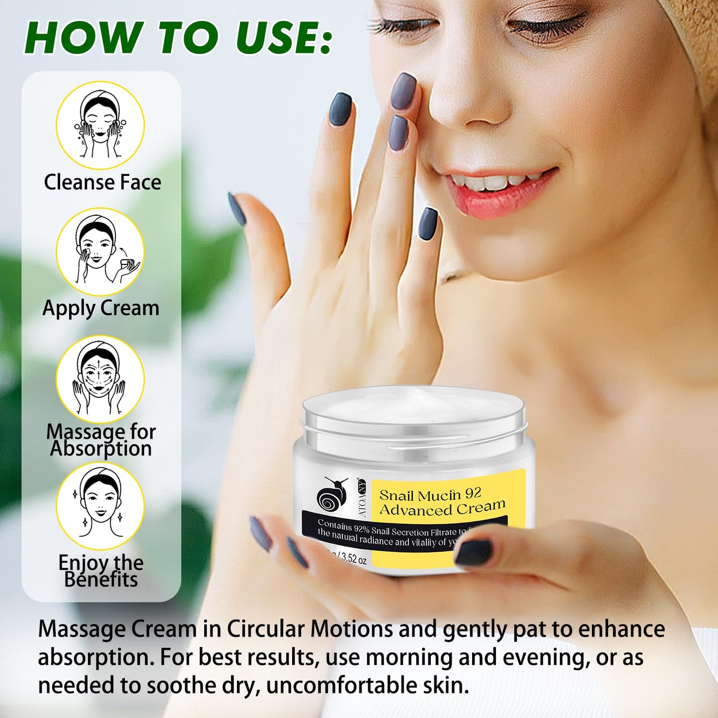 Snail Mucin 92% Advanced Cream Face Moisturizer, Deep Hydration & Nourishment Repair Cream, Advanced Cream for Dry & Sensitive Skin, Face & Neck Cream for All Skin Types, 100g / 3.52oz