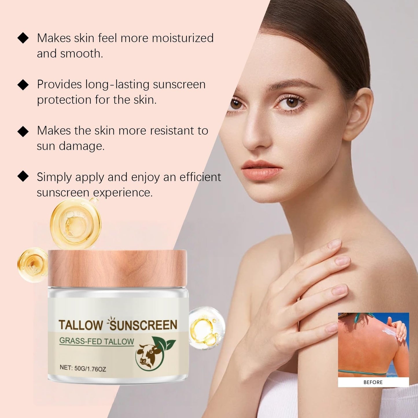 Beef-Tallow Sunscreen Spf 50,A Gentle Formula Suitable for the Whole Family,Organic Grass-Fed Butter Skin Care Cream,Deeply Nourishing Sunscreen Butter,Face Cream for Dry Skin,Facial Moisturizer