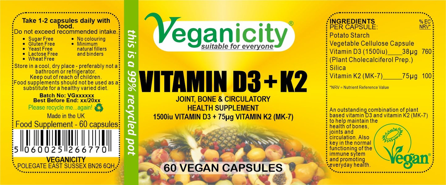 Veganicity Vitamin D3 1500iu (38µg) + K2 (MK-7) 75µg : Vitamin D & K2 Supplement : 60 Vegan Capsules, in a Planet-Friendly 99% Recycled Pot