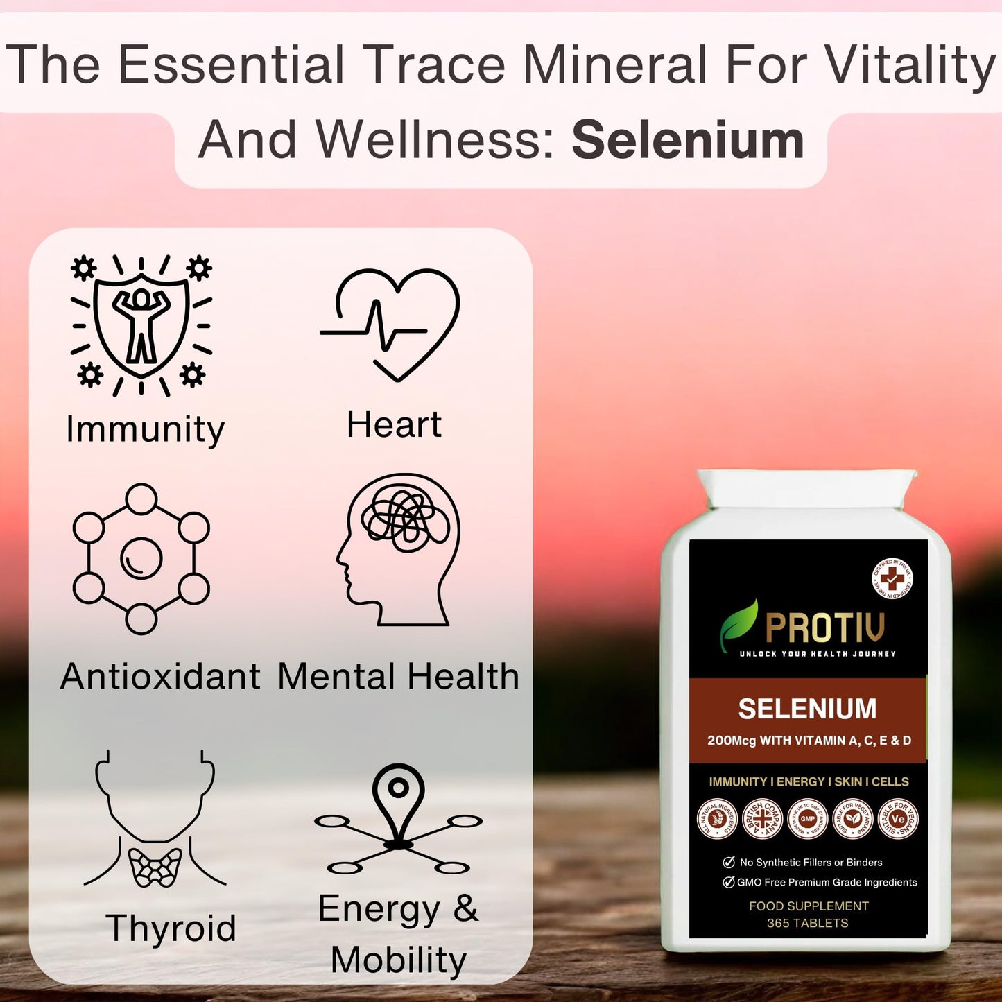 Protiv Selenium ACE 365 Tablets - Daily Supplement with Vitamins A, C & E - Antioxidant Immune Support - UK Manufactured to GMP Standards