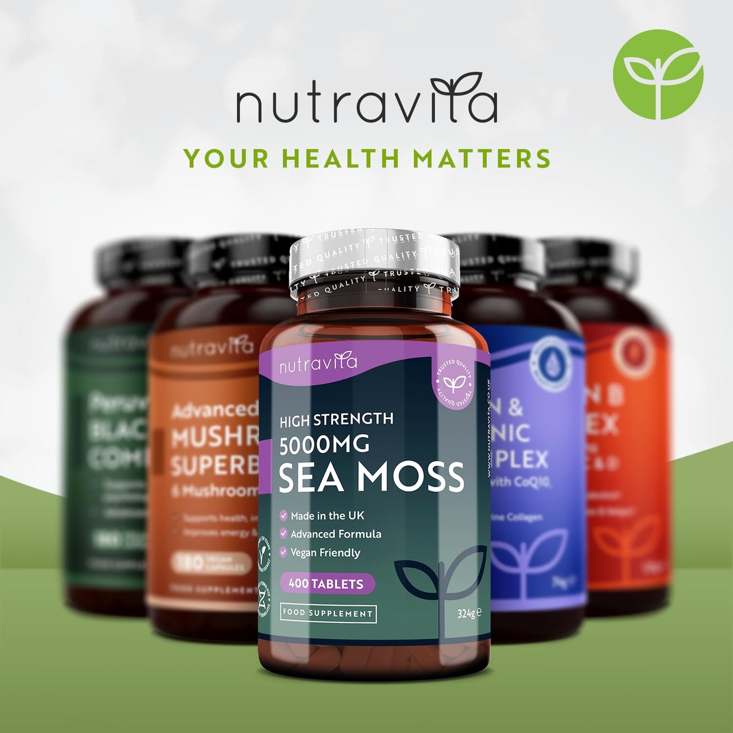 5000mg Sea Moss Tablets - 400 Irish Sea Moss Vegan Supplements for 6.5 Months of Supply, Contributes to Normal Energy-Yielding Metabolism, Skin & Cognitive Function (EFSA) Made in The UK by Nutravita