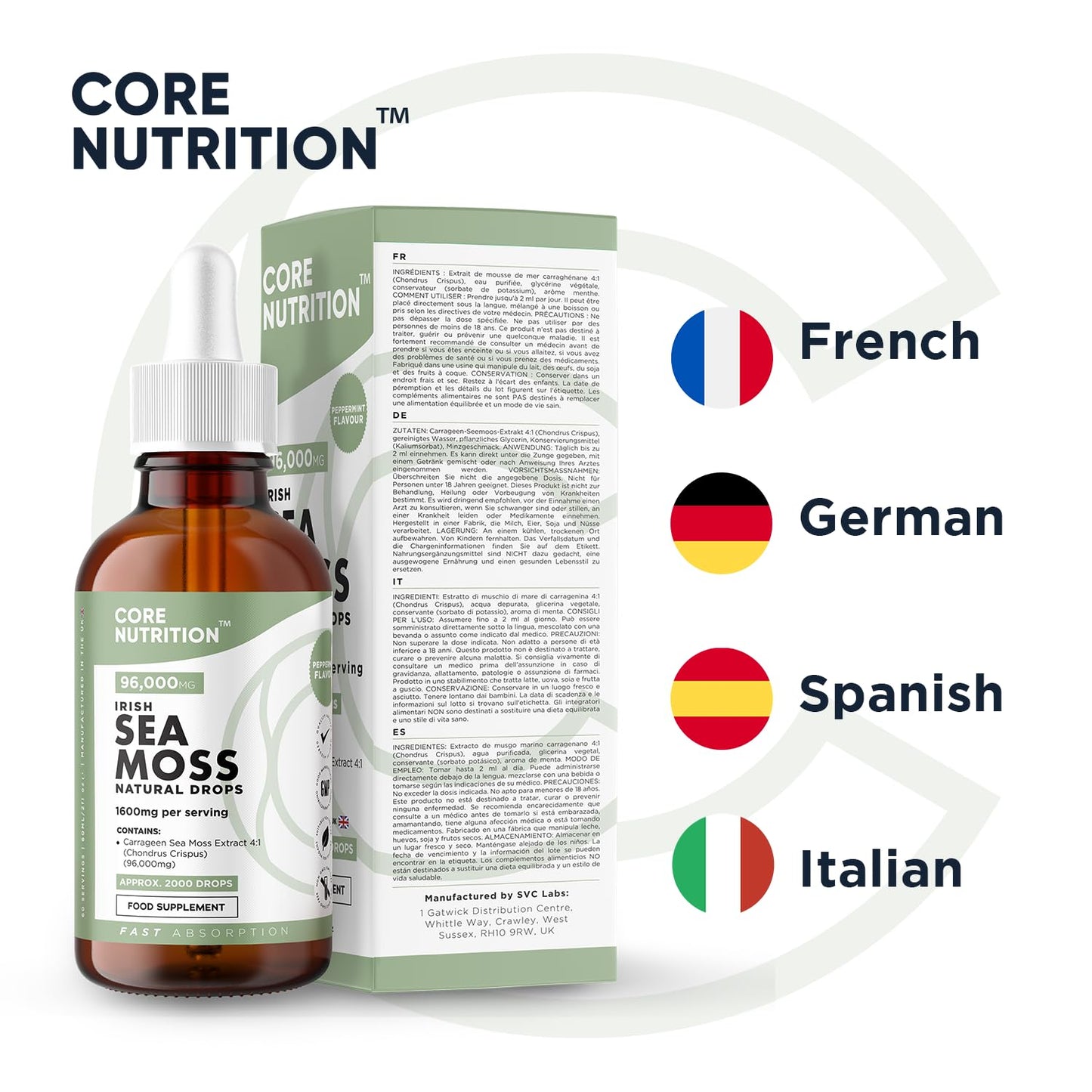 Irish Sea Moss Supplement Liquid Drops - High Strength of 96,000mg per 60ml Bottle at 4X Concentration - Vegan - 2 Month Supply of Premium Sea Moss Extract - Made in UK by Core Nutrition (Single Pack)