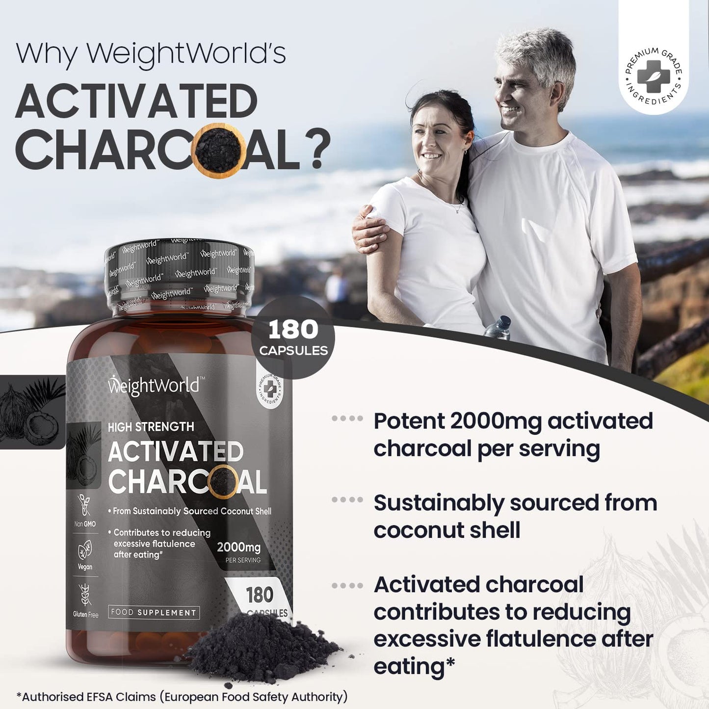 Activated Charcoal Capsules 2000mg - 180 Vegan Capsules (Not Activated Charcoal Tablets) - Coconut Charcoal Digestion Supplement from Sustainably Sourced Coconut Shell – Reduce Excessive Flatulence.