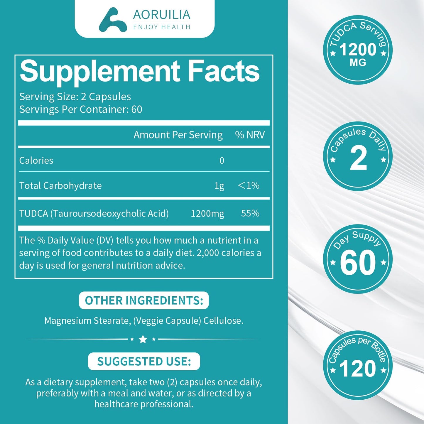 Aoruilia TUDCA Supplement, Tauroursodeoxycholic Acid Complex 1200mg Per Servings, Bile Salts for Liver & Gut Health Support, 120 Capsules
