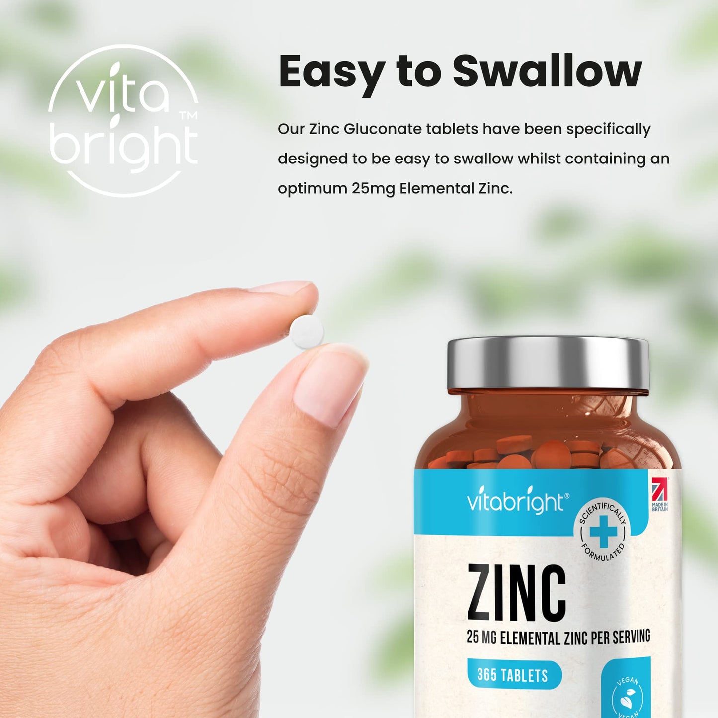 Zinc Tablets High Strength - 25mg Elemental Zinc – 365 Vegan Tablet Pills (1 Year Supply) – Zinc Gluconate - Chelated Zinc Supplements for Immune System, Hair, Skin, Bones, Nails – Made by VitaBright
