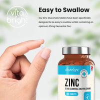 Zinc Tablets High Strength - 25mg Elemental Zinc – 365 Vegan Tablet Pills (1 Year Supply) – Zinc Gluconate - Chelated Zinc Supplements for Immune System, Hair, Skin, Bones, Nails – Made by VitaBright