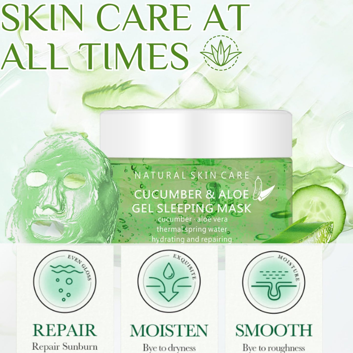 ISBEAUSOLS Overnight Sleeping Facial Mask - Overnight Face Mask - Aloe Vera Gel & Hyaluronic Acid - Anti Aging Hydrating Face Mask - Calm Restore Skin Care& Repair - Gel Texture
