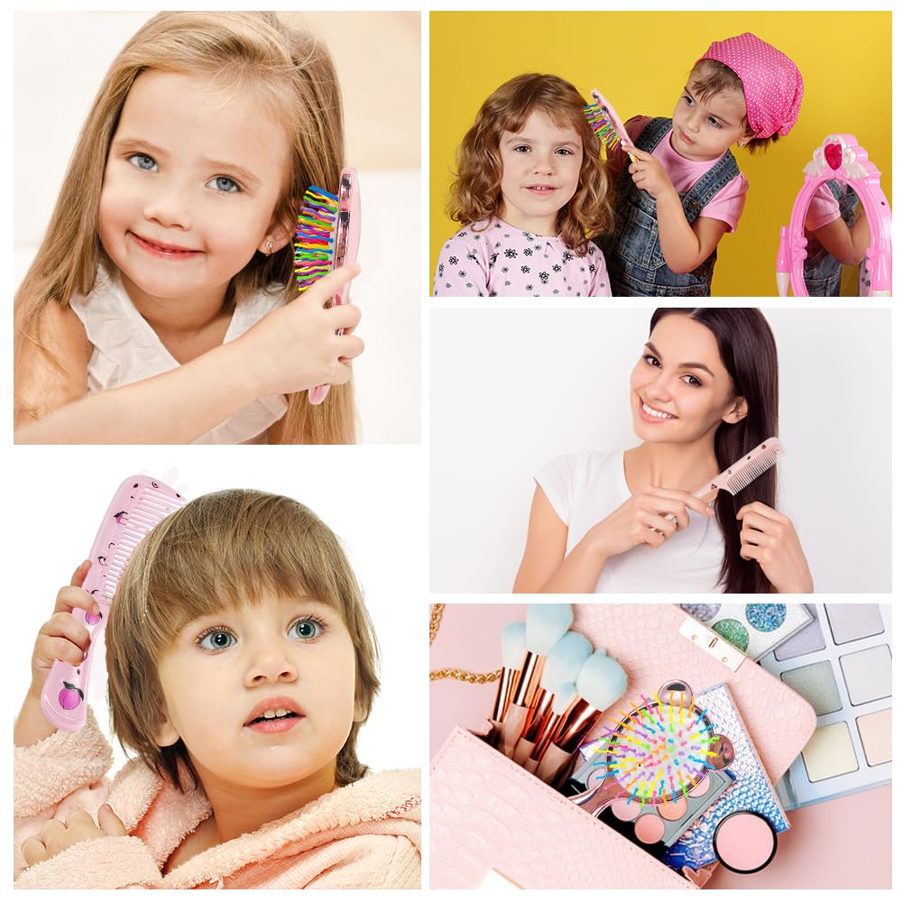Cosysparks Toddler Hair Brush Girl, 3 Pcs Detangler Brush and Comb Set Mini Hair Brush Cute Kids Detangle Hair Brush Pocket Airbag Comb Massage Comb for Girls Wet Dry Hair (Pink)