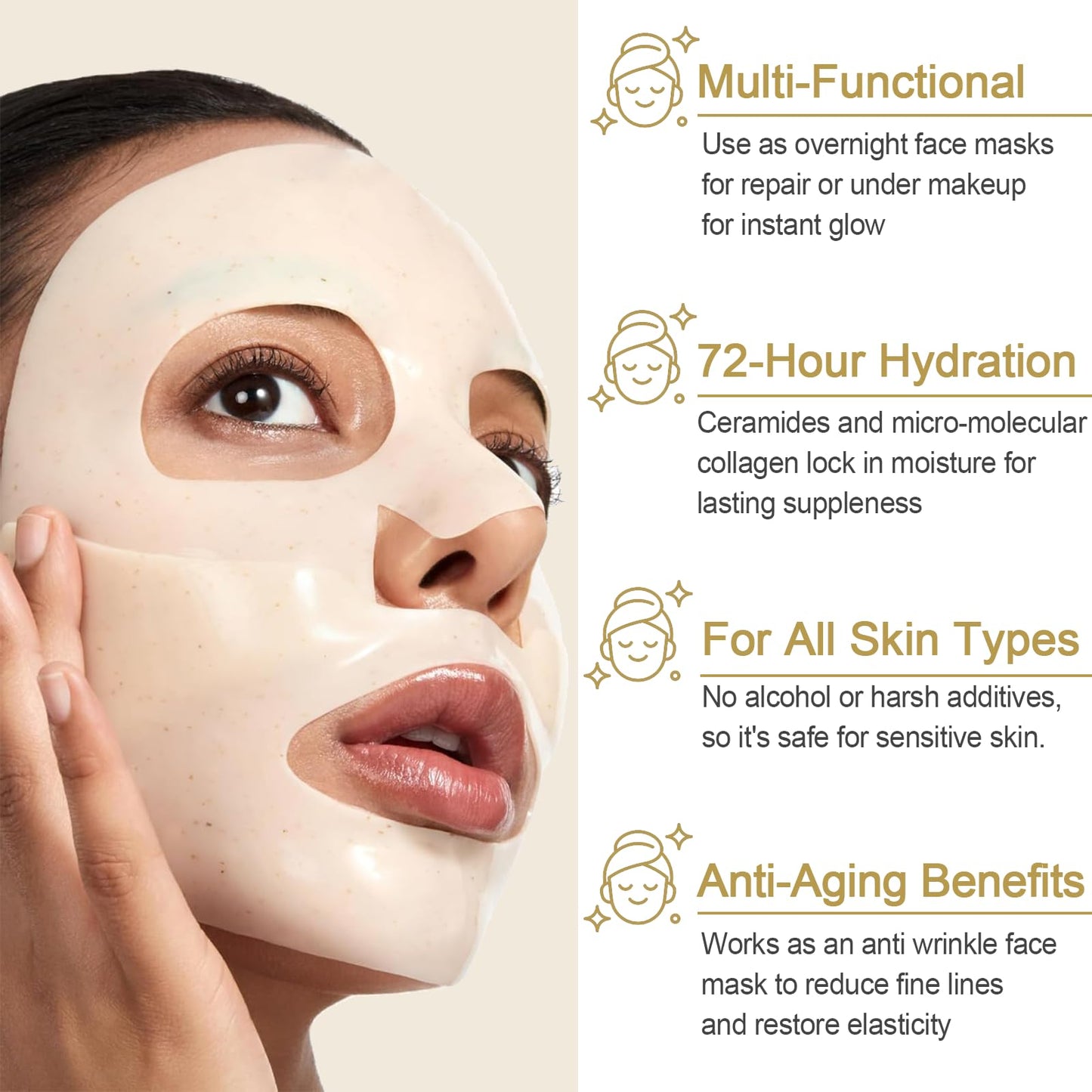 Trendyfave 4Pcs Rice Sheet Mask, Collagen Face Mask, Overnight Mask for Face Glow with Collagen Extract & Ceramide, Korean Skincare for Brightening, Hydrating & Anti-Aging, Moisturising Skin Barrier Repair