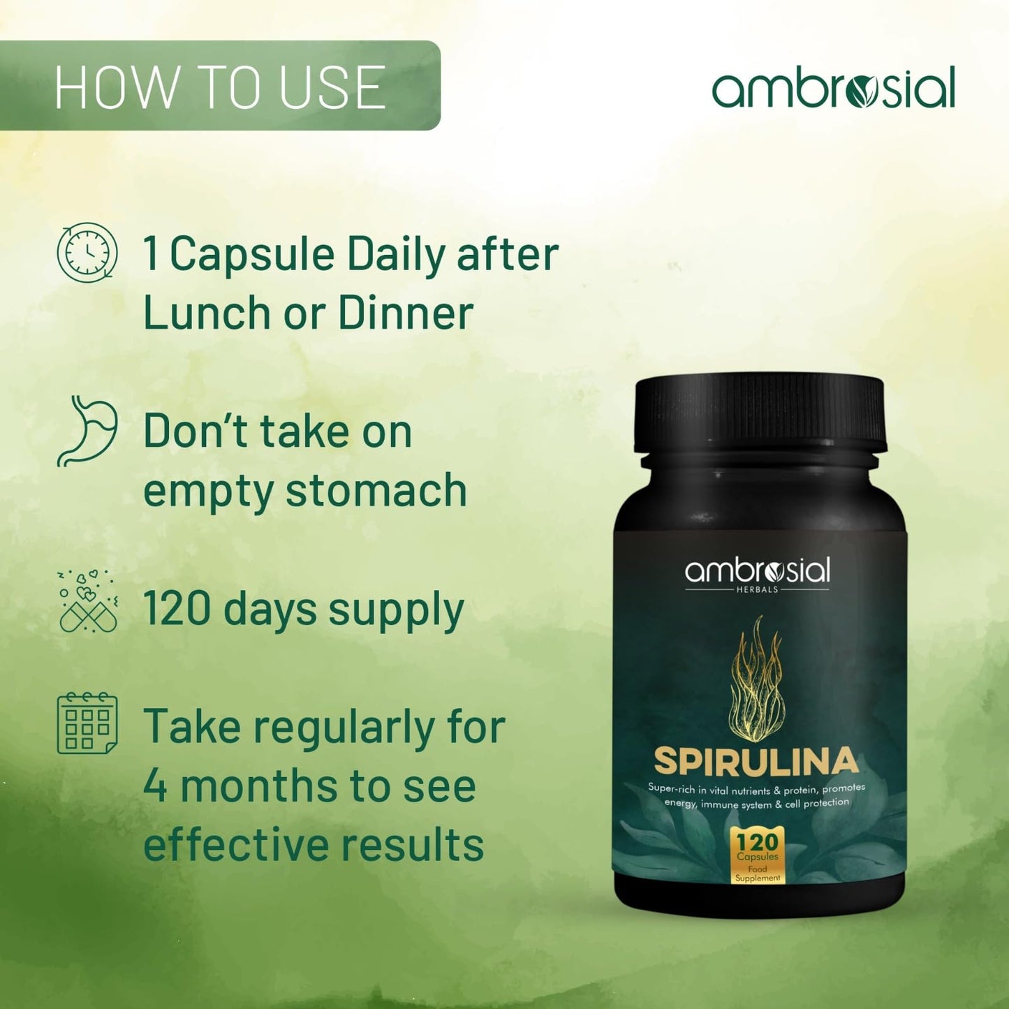 AMBROSIAL Ambrosial Spirulina Capsules | Highly Dosed- 500 mg | Certified Spirulina Tablets| No Additives & 100% Vegan | Rich Source of Protein, Vitamins & Minerals (Pack of 1-120 Capsules)