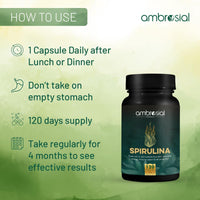 AMBROSIAL Ambrosial Spirulina Capsules | Highly Dosed- 500 mg | Certified Spirulina Tablets| No Additives & 100% Vegan | Rich Source of Protein, Vitamins & Minerals (Pack of 1-120 Capsules)