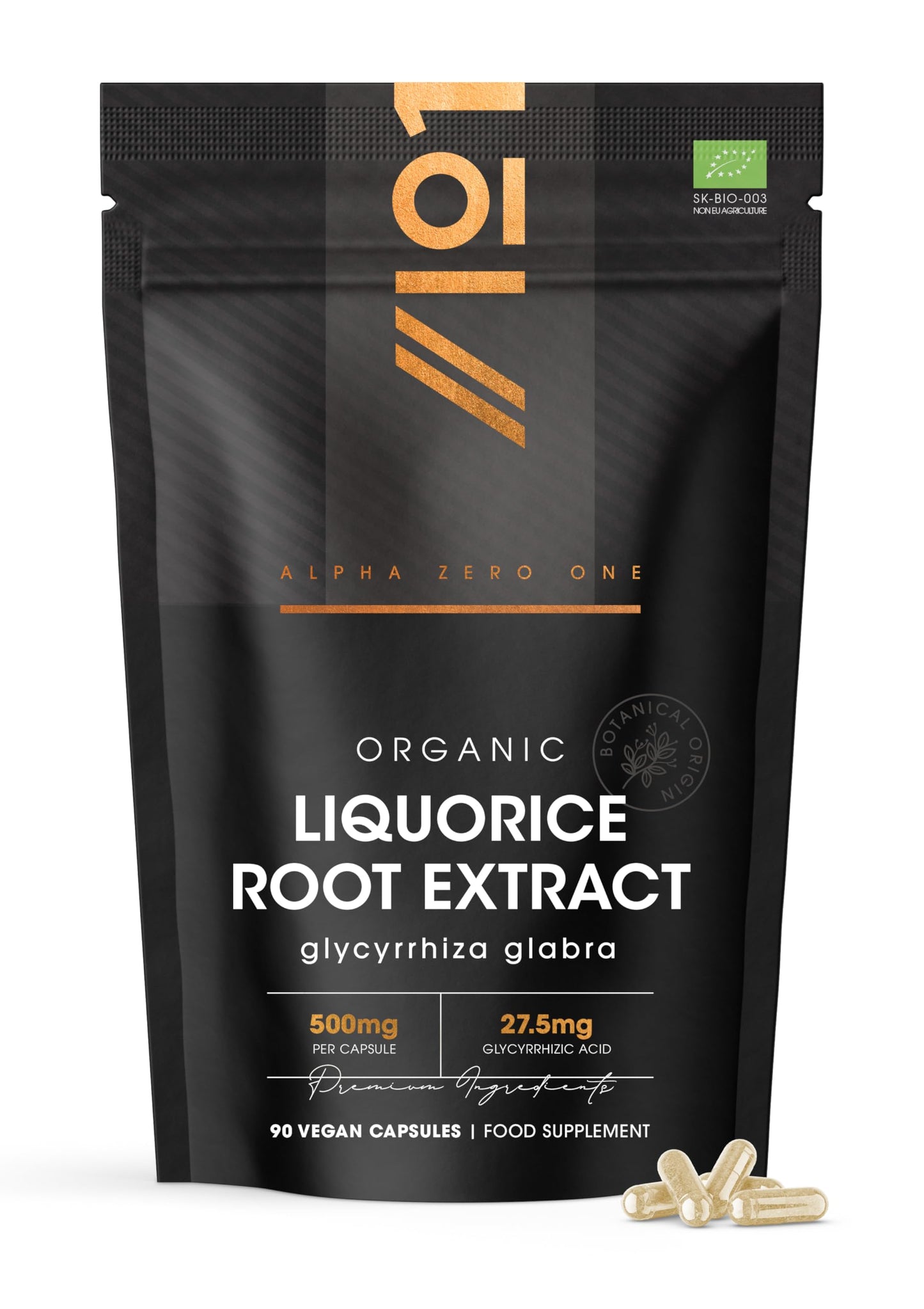 Organic Liquorice Root Extract 500mg – Standardised 5.5% Glycyrrhizic Acid Supplement – 90 Vegan Capsules (3 Months Supply) – Resealable and Recyclable Pouch by Alpha01