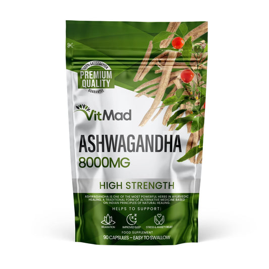Vitmad Ashwagandha 8000mg, Pure High Strength Ashwagandha Root Extract Withanolides, Mood, Stress, Anxiety, 90 Vegan Capsules