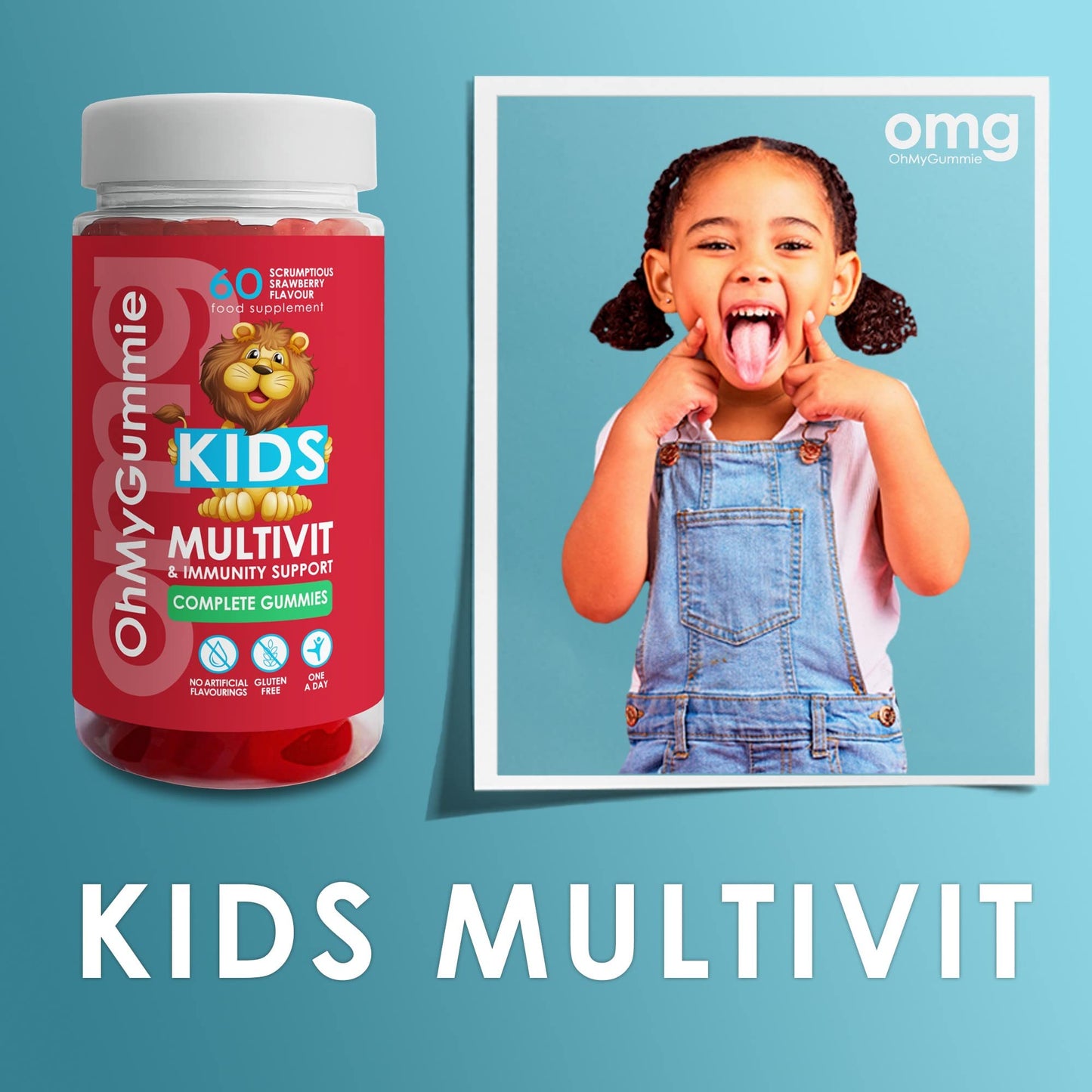 OMG! Kids Multivitamins + Immune Support Complete Gummies - Scrumptious Strawberry Flavour by OhMyGummie 12 Vitamins & Minerals (A, C, D, E, B5, B6, B9, B12, Zinc) 2 Month Supply, 1