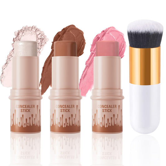 Ceboic 3Pcs Contour Highlighter Blush Stick, Bronzer Beauty Wand with Brush, Waterproof Long Lasting Cream Concealer for Sculpt the Cheeks, Lightweight Smooth Face Makeup Contouring Stick Set for All Skin