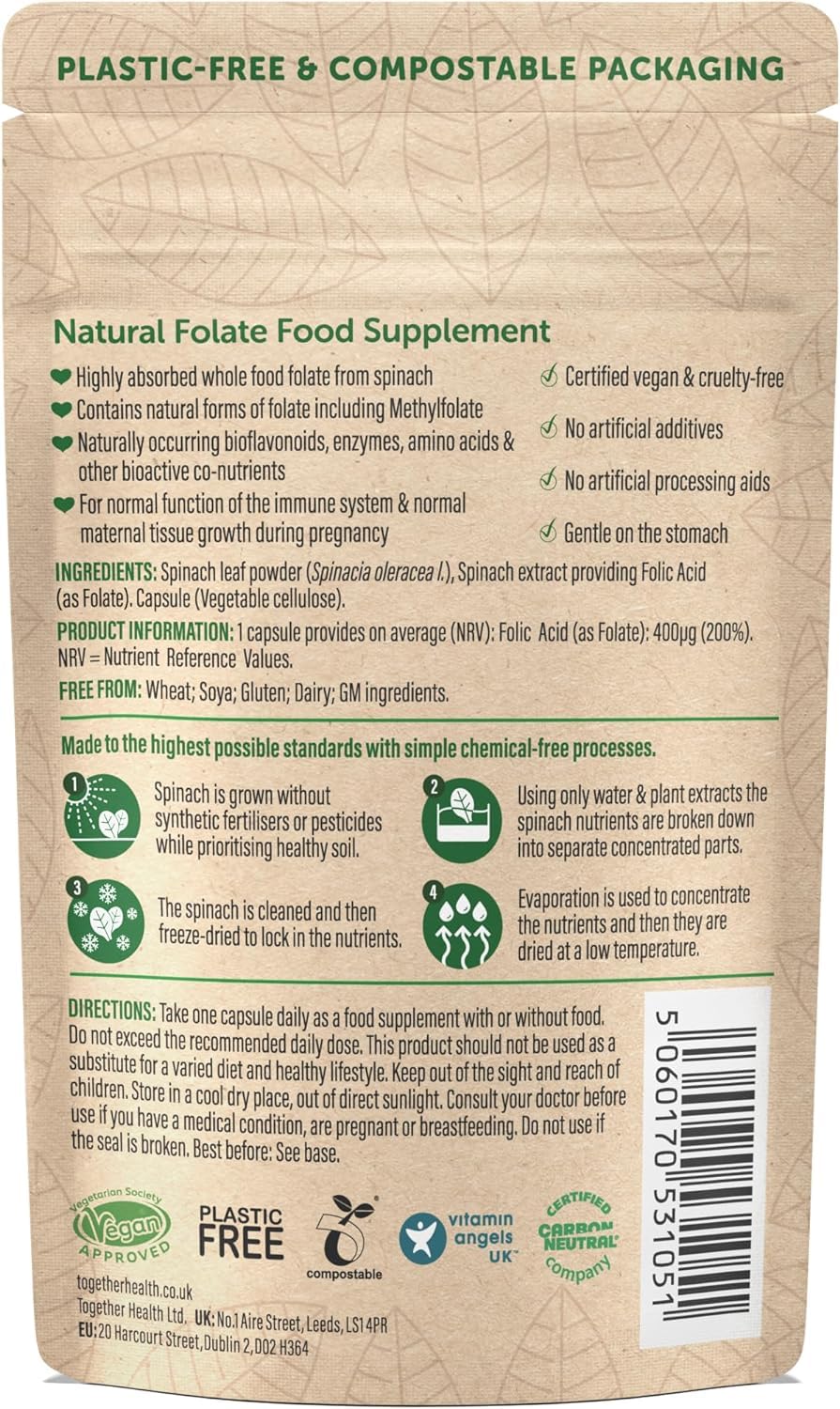 Folate from Spinach | Natural Alternative to Folic Acid | 400 mcg | Contains 5-MTHF | Vegan | Made in The UK | 30 Capsules | Together Health