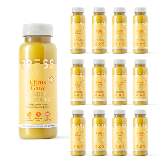 PRSS 100% COLD PRESSED PRESS Healthfoods, 12 x 250ml Citrus Glow Super Smoothie, Cold Pressed Immune Boosting Smoothie Containing Turmeric and Cayenne, Vegan Friendly