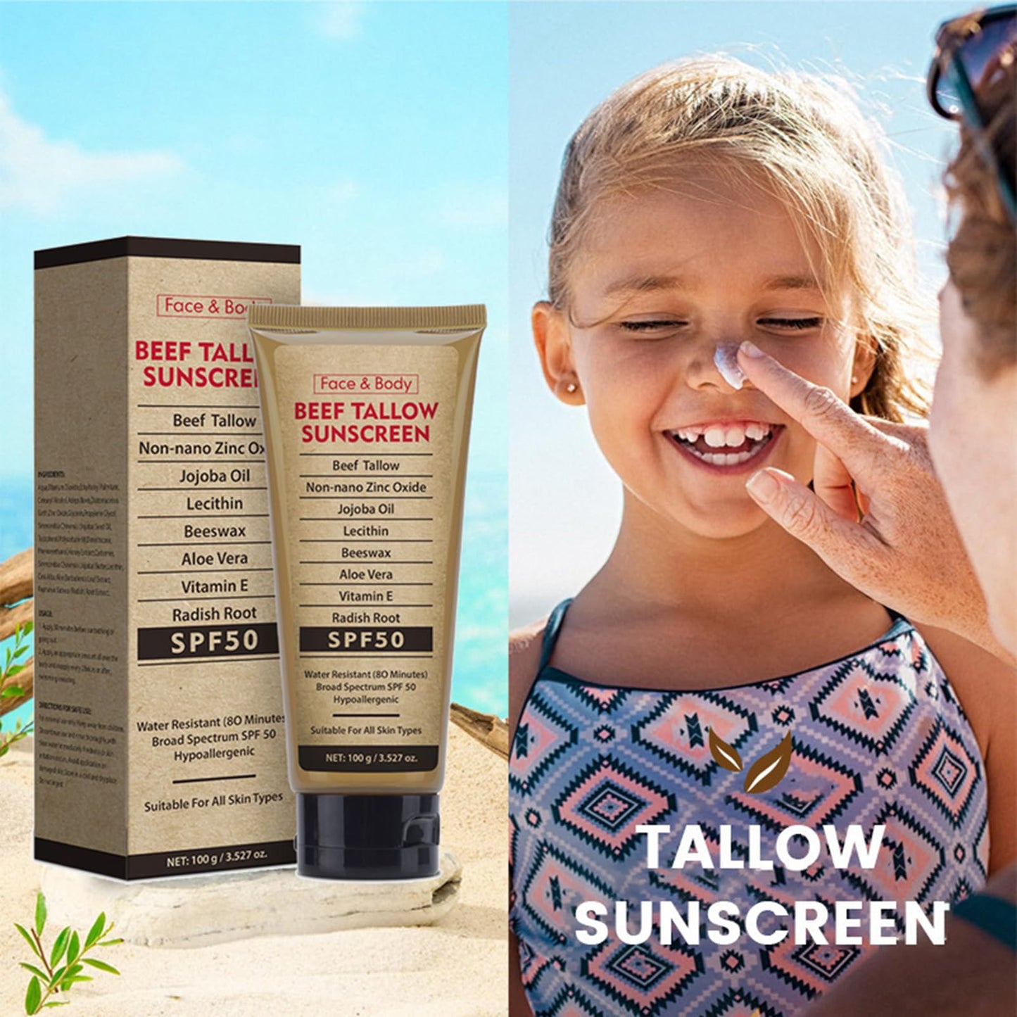 MEITREND Beef Tallow Sunscreen SPF 50,Non Nano Zinc Oxide Sunscreen for Face & Body,Natural Mineral and Tallow Sunscree-n ,UVA/UVB Protection,Zinc Oxide & Beef Tallo-w Sunblock Cream for Outdoor & Beach