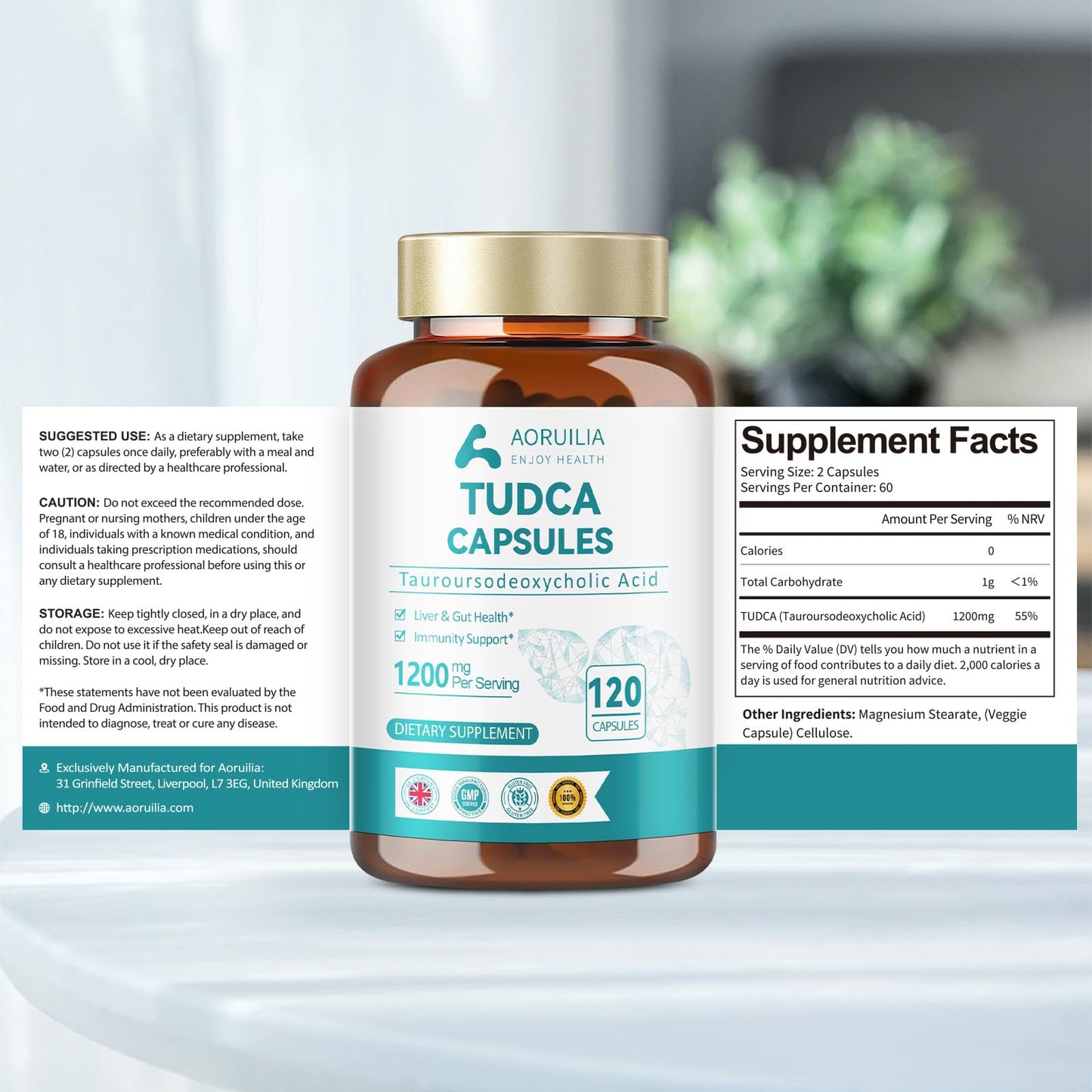Aoruilia TUDCA Supplement, Tauroursodeoxycholic Acid Complex 1200mg Per Servings, Bile Salts for Liver & Gut Health Support, 120 Capsules