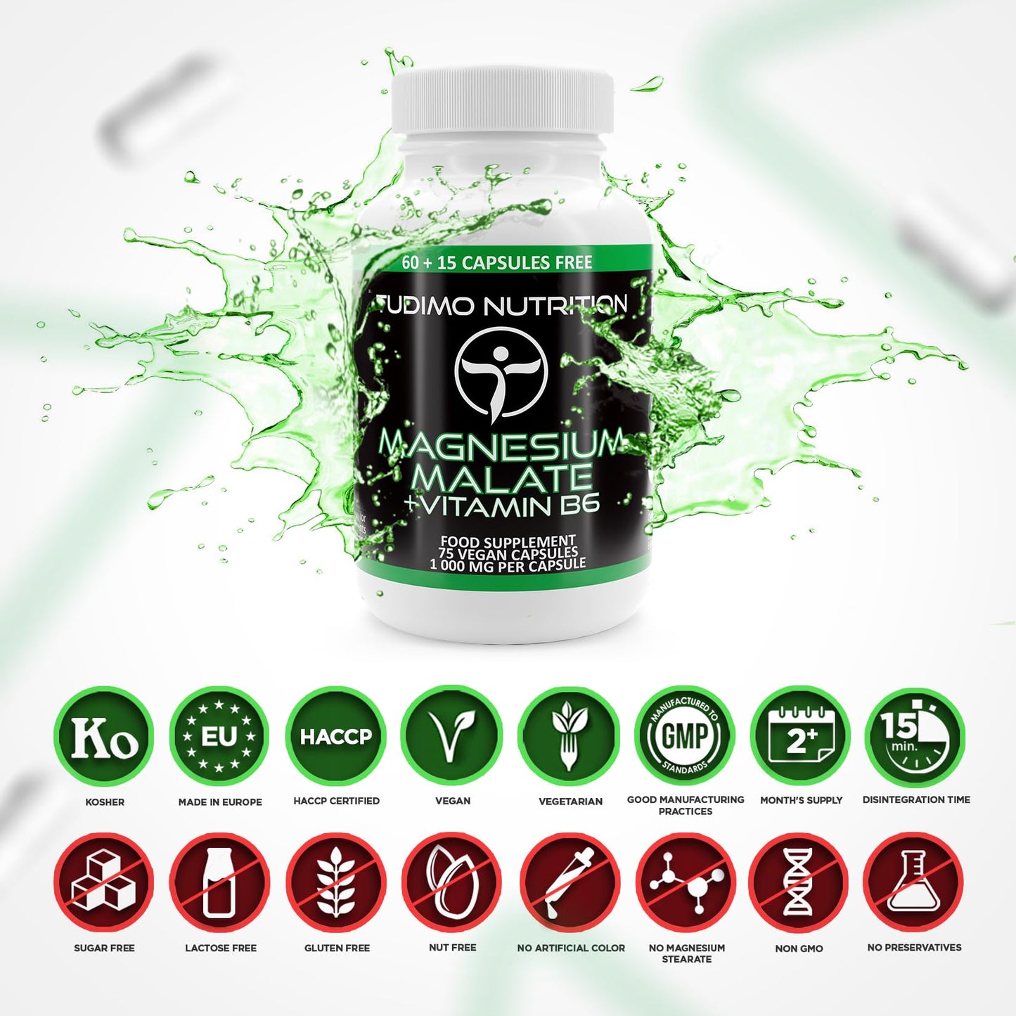 TUDIMO Magnesium Malate Vegan Capsules and Vitamin B6 – 150mg of Elemental Magnesium with Vit B6 – 75 pcs (2+ Month Supply) of Rapidly Disintegrating Caps, 150 mg of Magnesium Mineral + B6 Powder