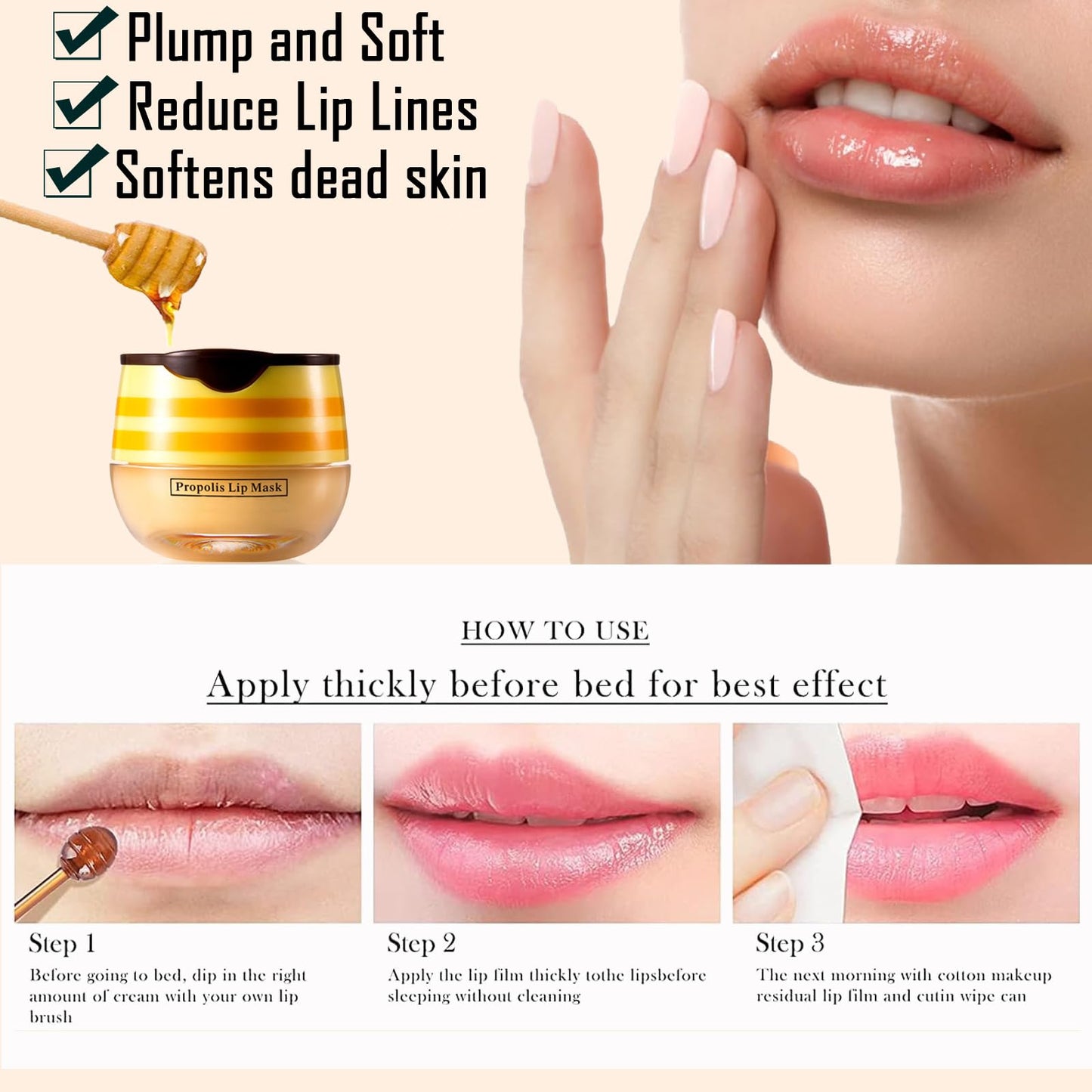 GEEWHILE Lip Mask Honeybalm Lip Balm, Propolis Moisturizing Lip Care Cream for Day&Night Lip Care, Lip Line Reduce, Hydrate & Plump Dry, Chapped Lips