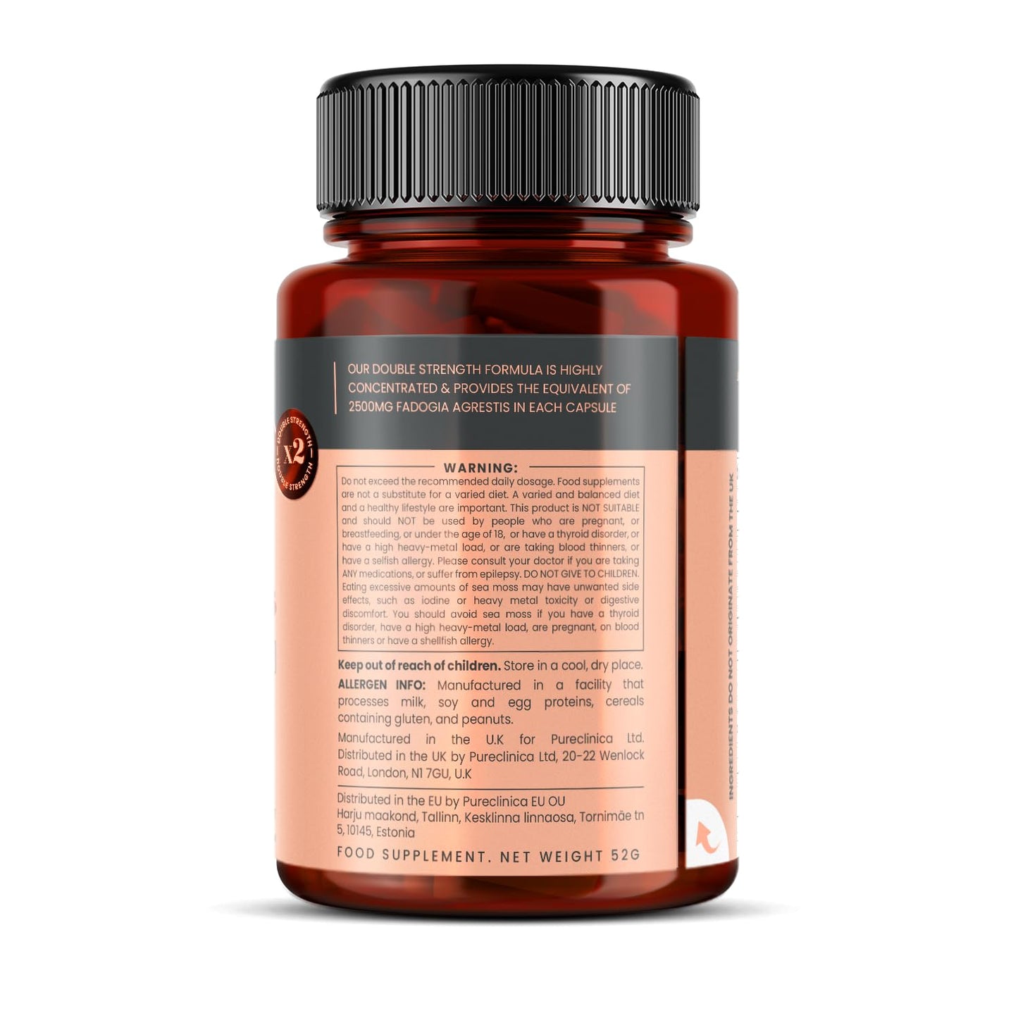 Pureclinica Double Strength Premium Fadogia Agrestis - 2500mg x 180 Capsules - 6 Months Supply