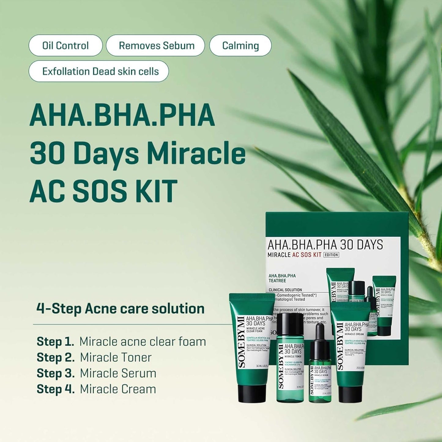 SOME BY MI AHA.BHA.PHA 30 Days Miracle AC SOS Kit, 4 Pcs, Toner 30ml, Serum 10ml, Cream 20g, Acne Foam 30ml