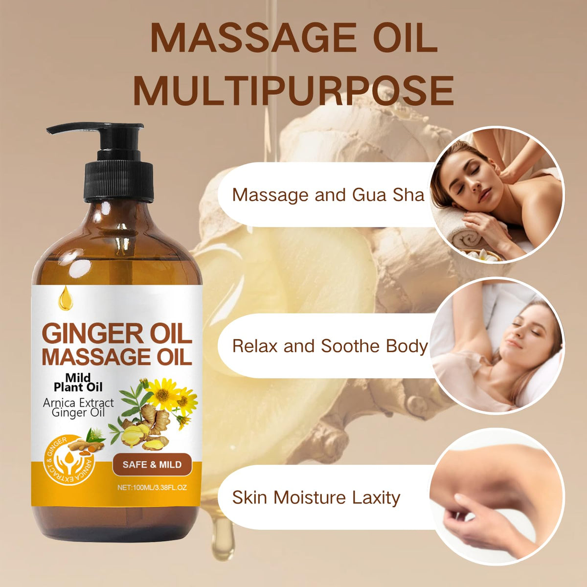 Cureluxe 2PCS Ginger Massage Oil for Muscle Relaxation & Skin Hydration,Massage Oils for Massage Therapy,Body Oil for Muscle Pain Relief,Soothing Essential Oil with Vitamin E,Stress Relief & Tired Legs
