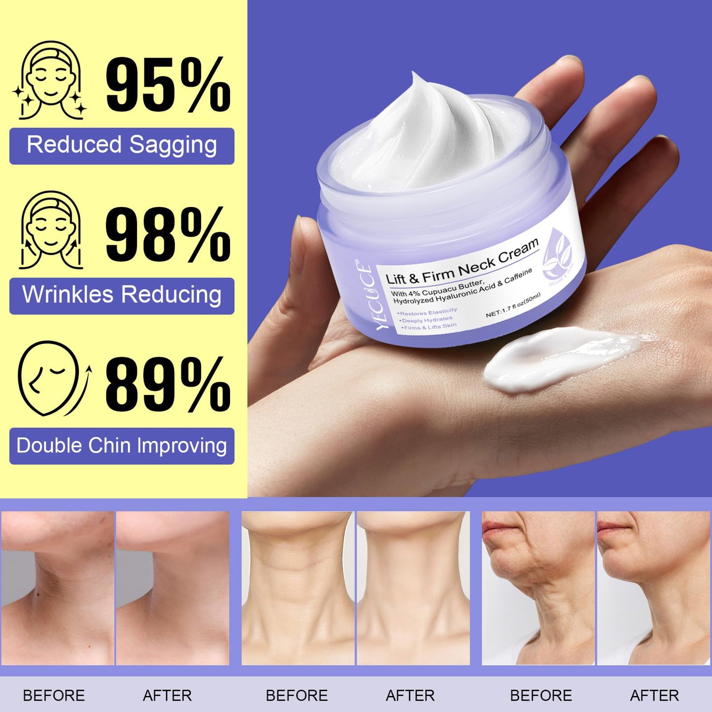 Lift & Firm Neck Cream, Neck Firming Cream, Natural Anti-Aging Neck Cream for Tightening and Wrinkles for an Even Skin Tone and Neck Lift, Fine Lines, With Pro-Active Repair Firming Complex, 50ML