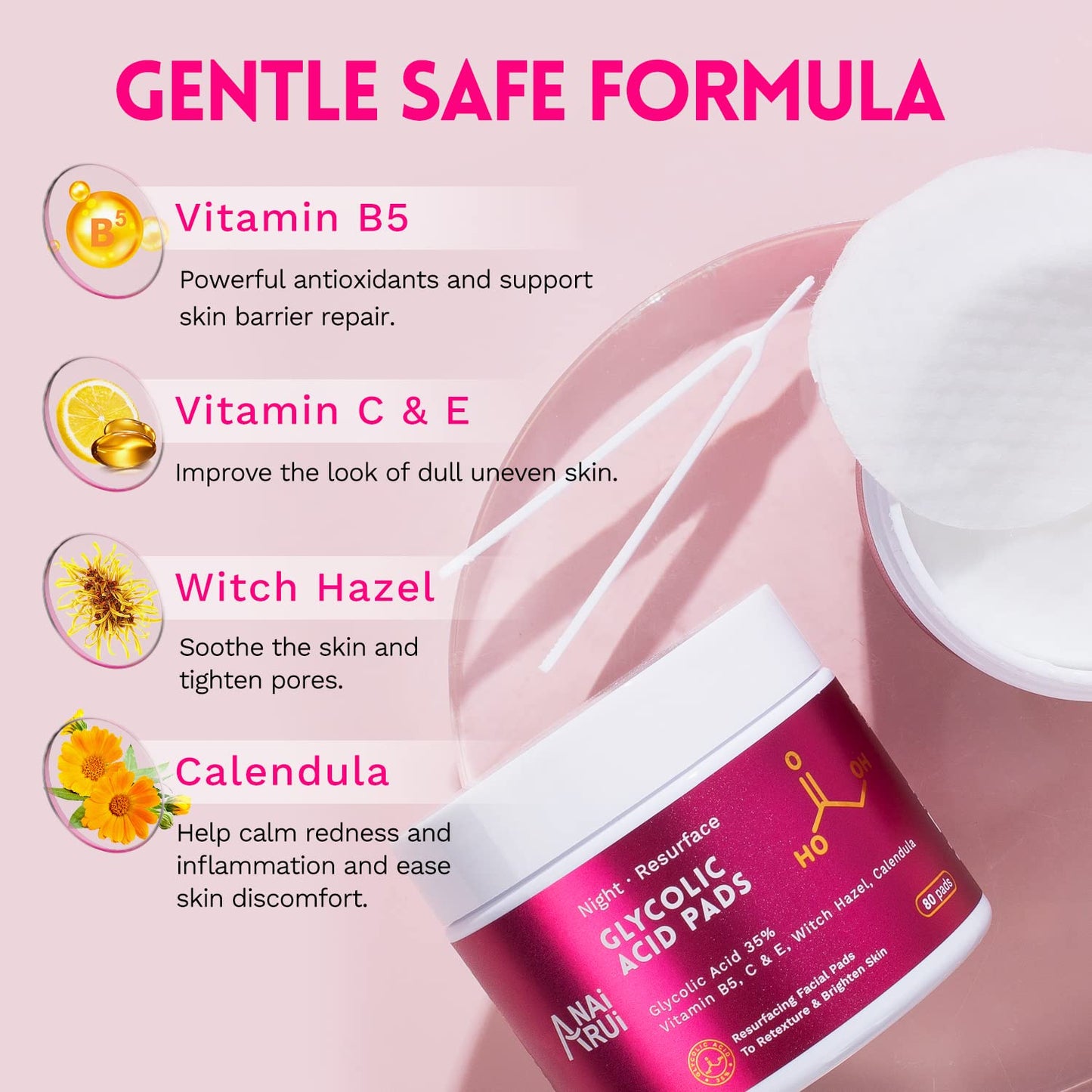 ANAiRUi Glycolic Acid Pads 35%, Resurfacing AHA Facial Pads with Vitamins B5, C & E, Witch Hazel & Calendula, Exfoliating Face Pads for Dark Spots, Acne, and Reduces Fine Lines & Wrinkles, 80 Pads