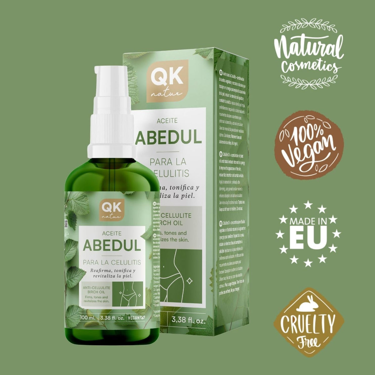 QKnatur - Birch Oil for Cellulite - 100 ml - With Natural Extracts - Tones, Firms, Moisturizes and Revitalizes the Skin - Improves Elasticity