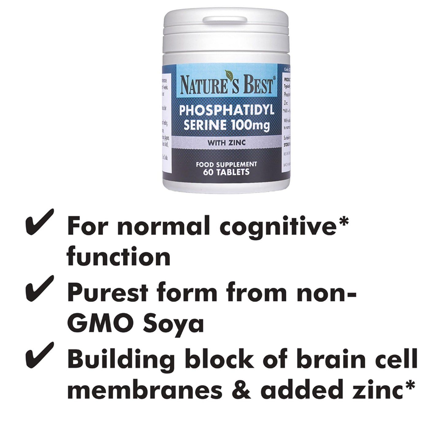 Premium Phosphatidyl Serine 100mg - Supports Cognitive Function* - 60 Tablets, 1-3 Daily - Clinically Studied Level - Enriched with 5mg Zinc - Non-GMO SOYA - 1+ Month's Supply, UK Made