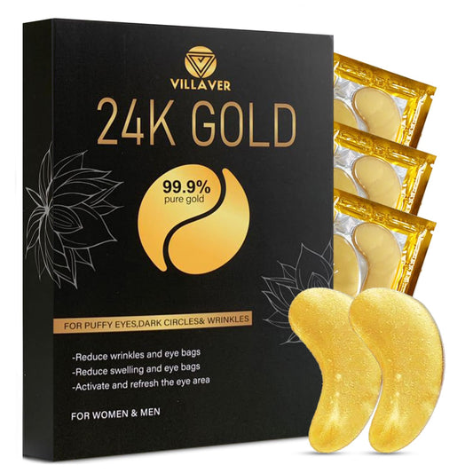 VILLAVER 24K Gold Under Eye Collagen Patches - Reduce Dark Circle,Puffiness, Wrinkles & Fine Lines - Eye Mask for Men & Women (20 Pair)