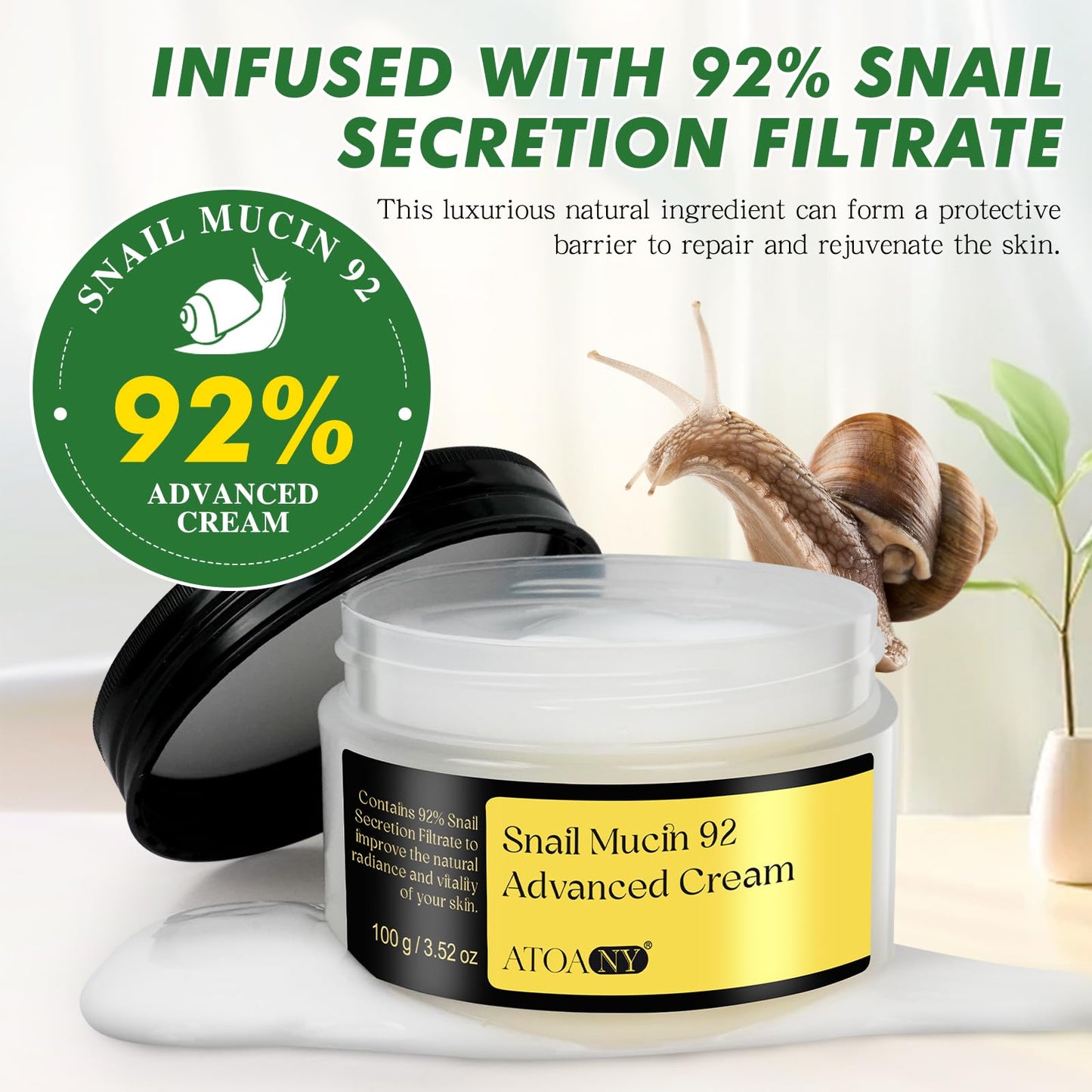 Advanced Snail Mucin 92% Power Repairing Essence, 3.52 oz/100g Snail 92 All in one Face Serum Cream With Snail Secretion Filtrate, Improve Dull Skin | Anti-Aging | Deep & Intense Hydration