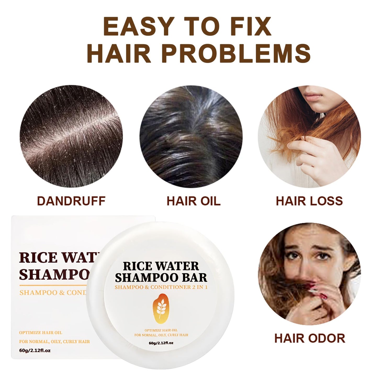 AuraBeen 2-in-1 Rice Water Shampoo & Conditioner Bar for Hair Growth with Coconut Oil & Argan Oil - Anti Hair Loss Shampoo Bar