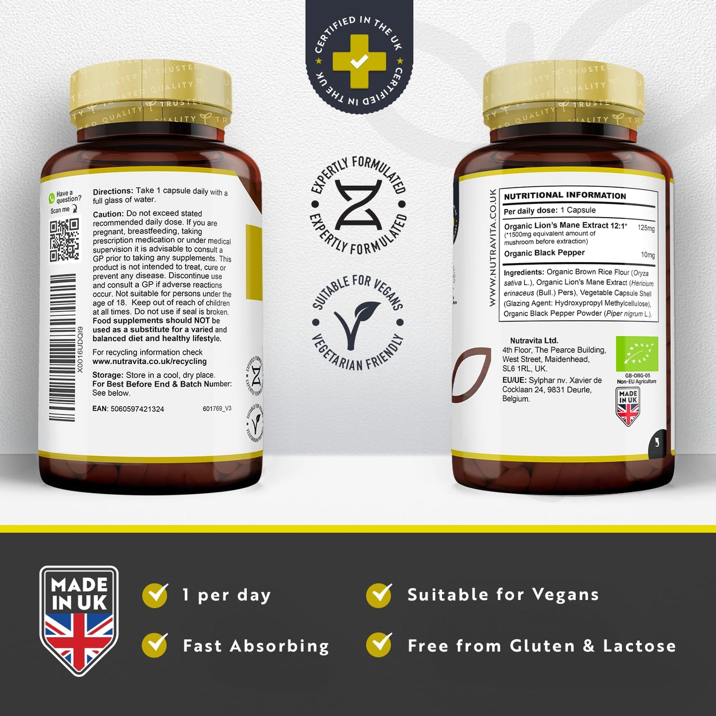 Organic Lions Mane Mushroom 1500mg - 120 High Strength Vegan Capsules (Not Powder) - Lions Mane Supplement with Organic Black Pepper - Made in The UK by Nutravita
