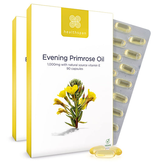 Healthspan Evening Primrose Oil 1,000mg (180 Capsules) | Maximum Strength | Supports Women's Health & Maintains Hormonal Balance | Rich Source of Omega 6 Fatty Acids | Vitamin E | Vegan