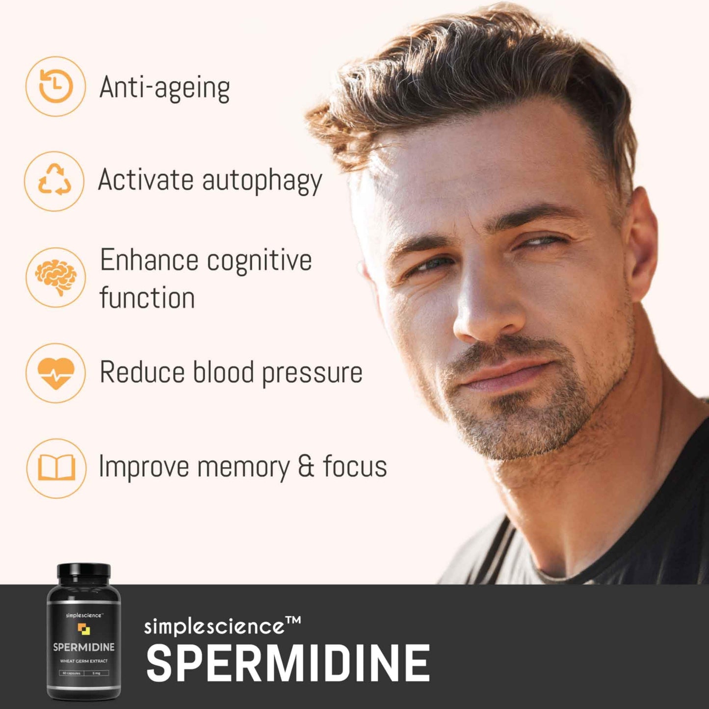 Simple Science Ultra Pure SPERMIDINE | 60 Servings | 99% Pure Spermidine Content | 5mg per Capsule | Anti-ageing & Longevity Supplement | Lab Tested | 100% Natural and Non-GMO